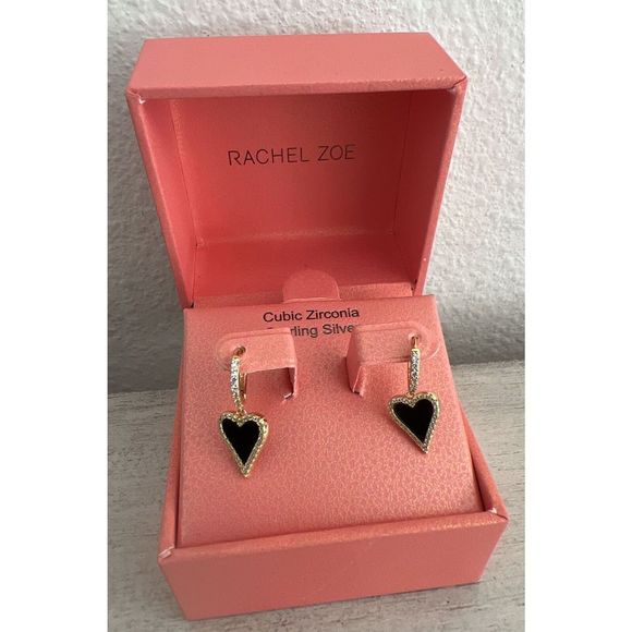 RACHEL ZOE STERLING SILVER GOLD TONE ONYX & CZ HEART HUGGIE EARRINGS~NIB! - Picture 2 of 11